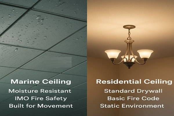 A comparison image showing a standard residential ceiling panel next to a robust marine ceiling panel.