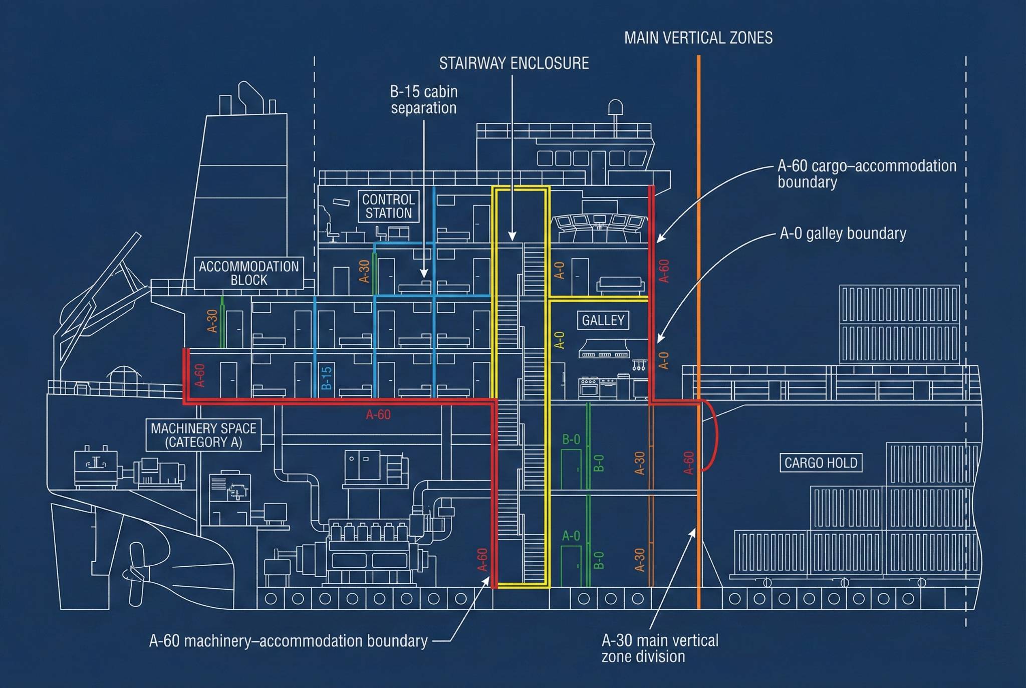 SOLAS Fire Door Requirements by Ship Compartment Diagram