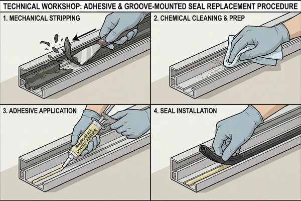 Adhesive and Groove-Mounted Seal Replacement Steps