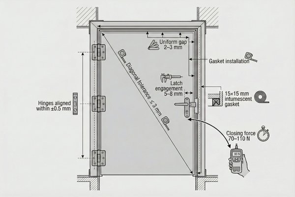Fire Door Reinstallation Alignment and Verification Diagram