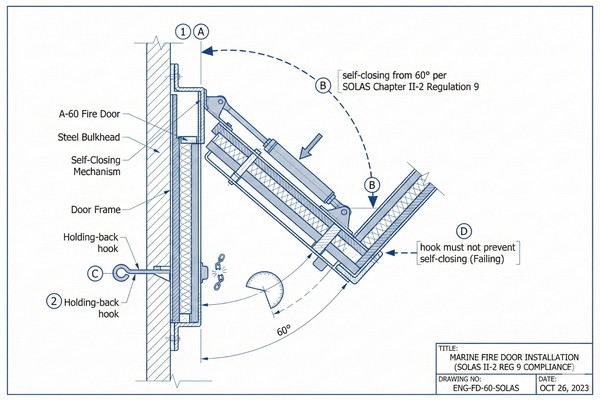 SOLAS Marine Fire Door Self-Closing Requirement Diagram