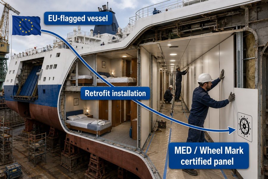 EU Flagged Ferry Retrofit MED Wheel Mark Panels