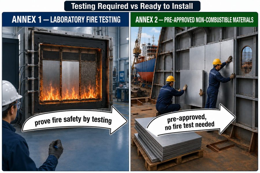 IMO FTP Code Annex 1 Testing vs Annex 2 Pre Approved Materials