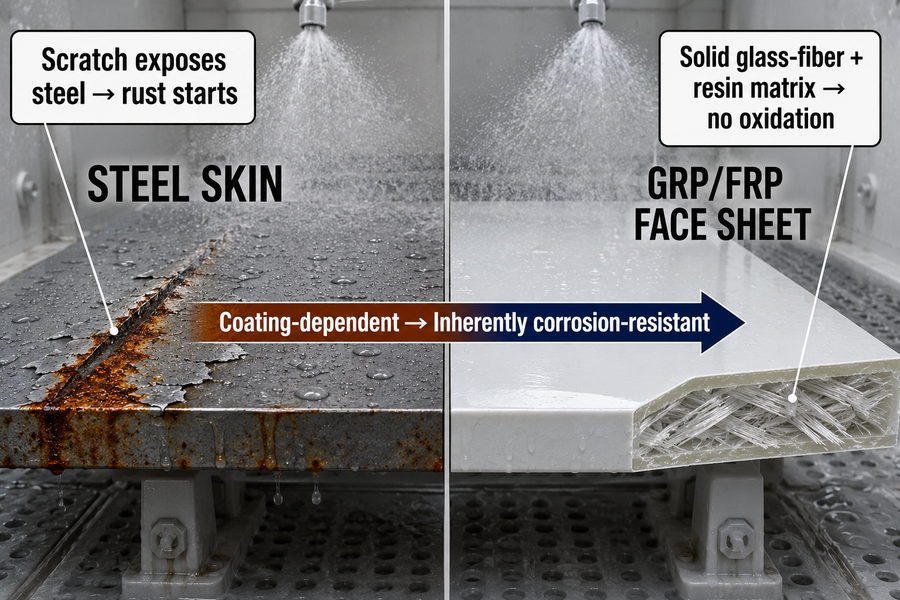 Coating Dependent Steel vs Inert GRP FRP Face Sheet