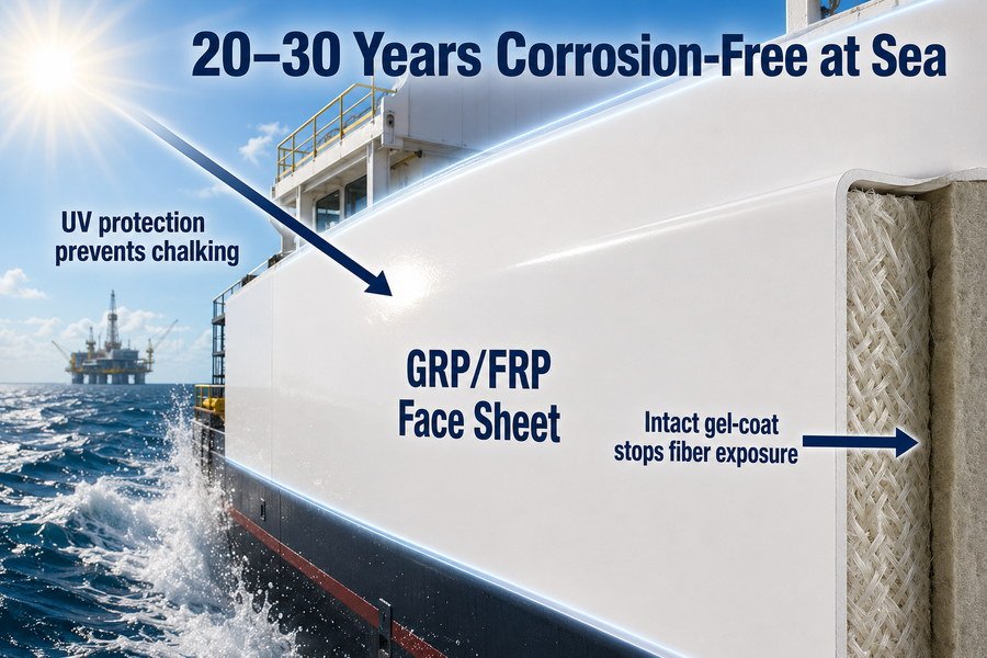 GRP FRP Face Sheet Corrosion Free Lifespan at Sea