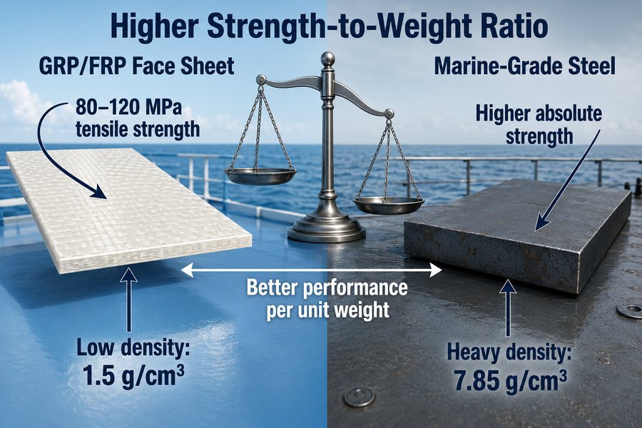 GRP FRP Marine Face Sheet Strength to Weight Ratio