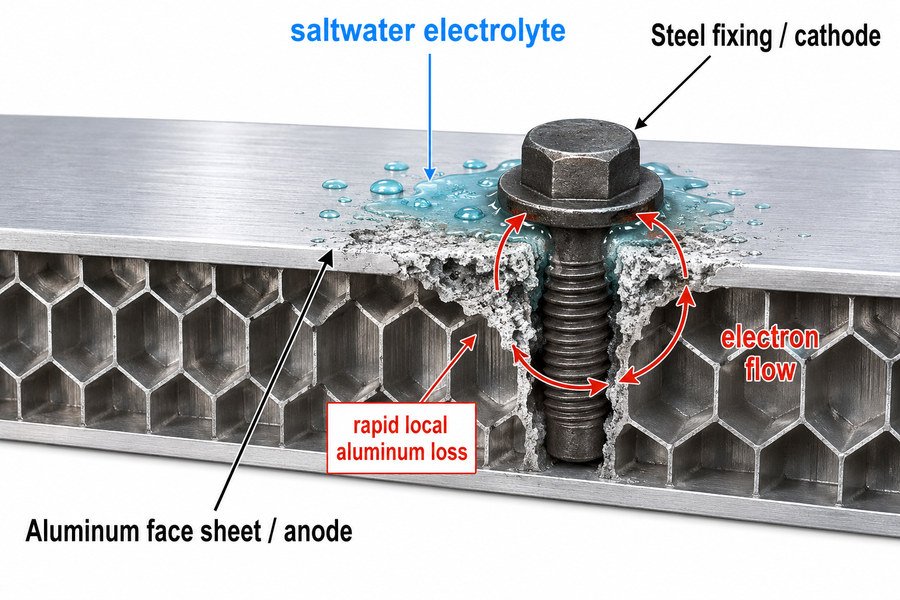 Steel Fixing Galvanic Attack on Aluminum Face Sheet